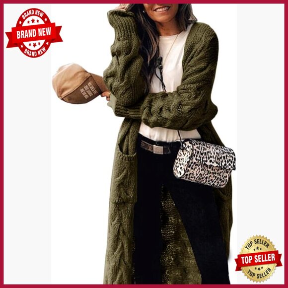 Sweaters - Knee Length Cable Knit Cardigan Sweater Open Front Loose Fit with Pockets